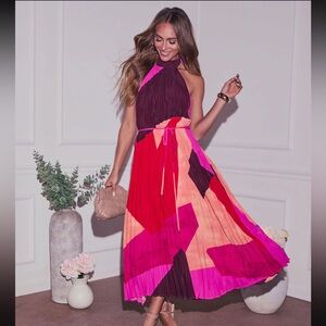 VICI Colorful Halter Neck Pleated Dress